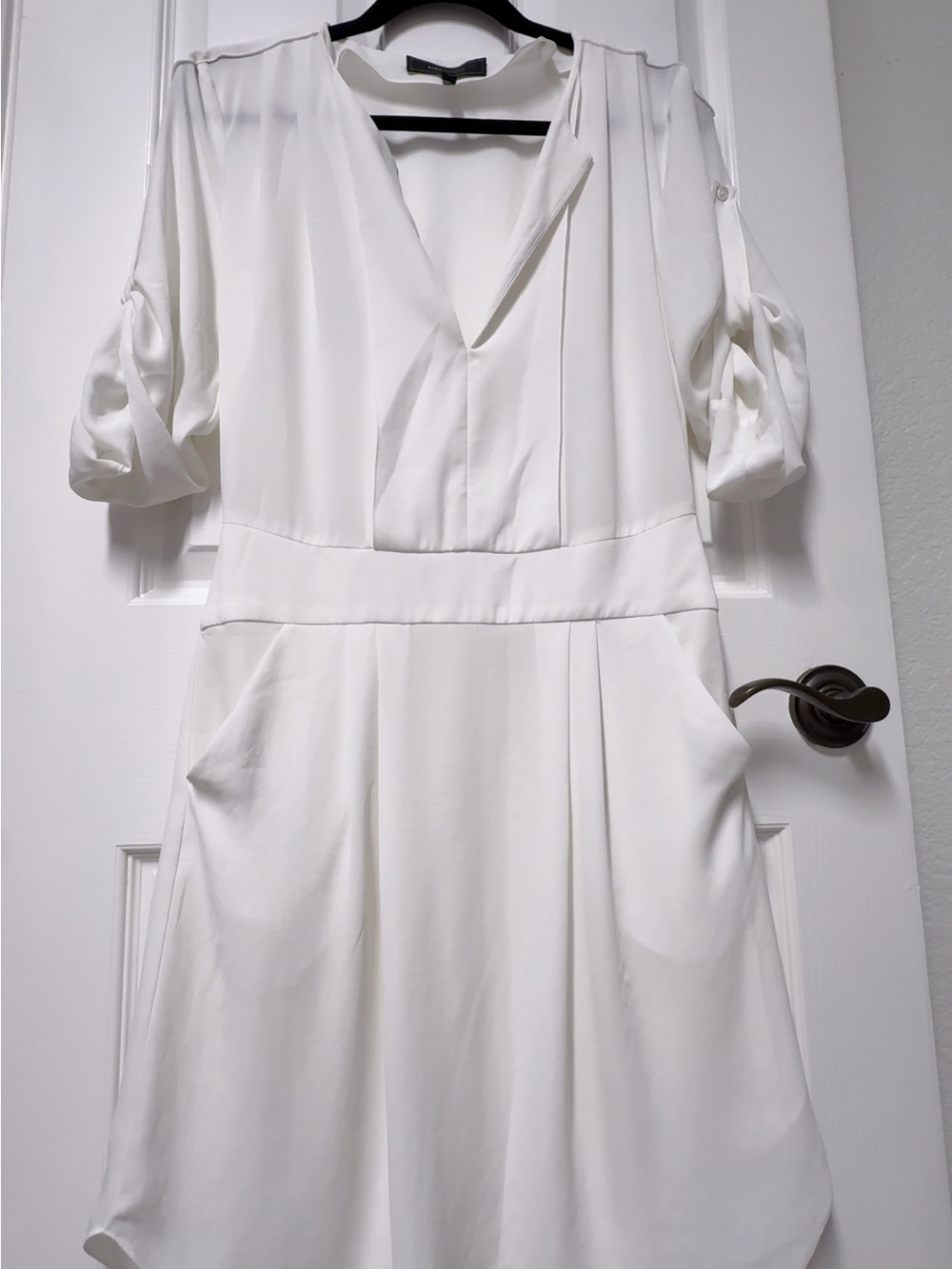 BCBGMaxAzria White V-Neck Mini Dress with Roll-Tab Sleeves